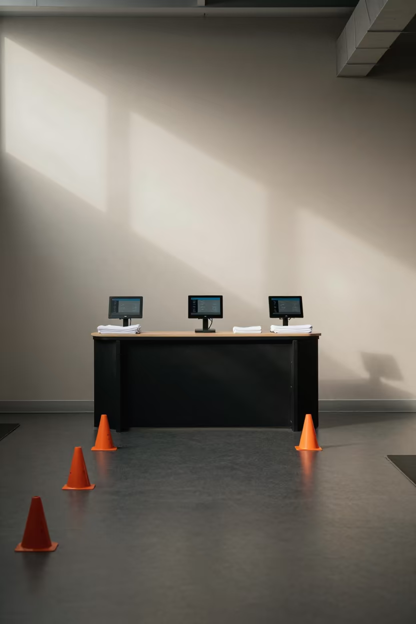 Gym Timing Station with Cones and Towels in at a gym check-in desk in Maastricht