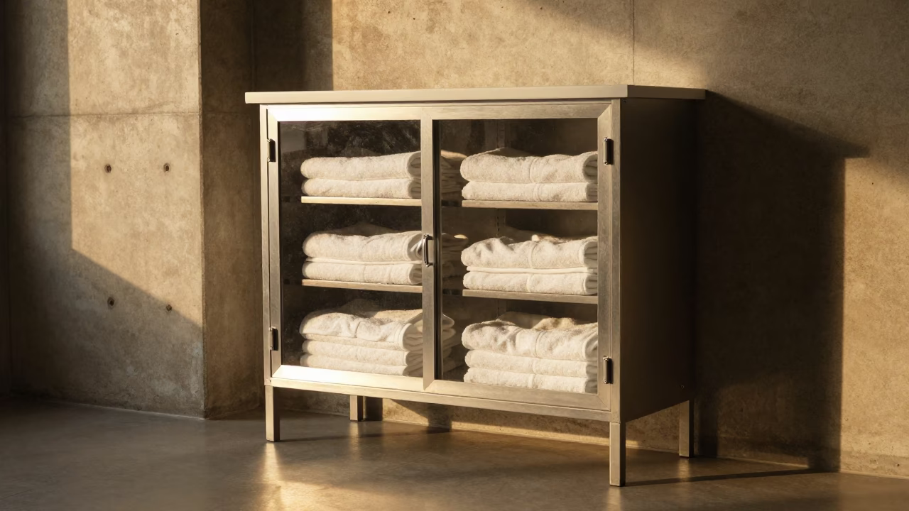 Gym Towel Cabinet Under Golden Hour Light in inside a strength room in Valparaiso