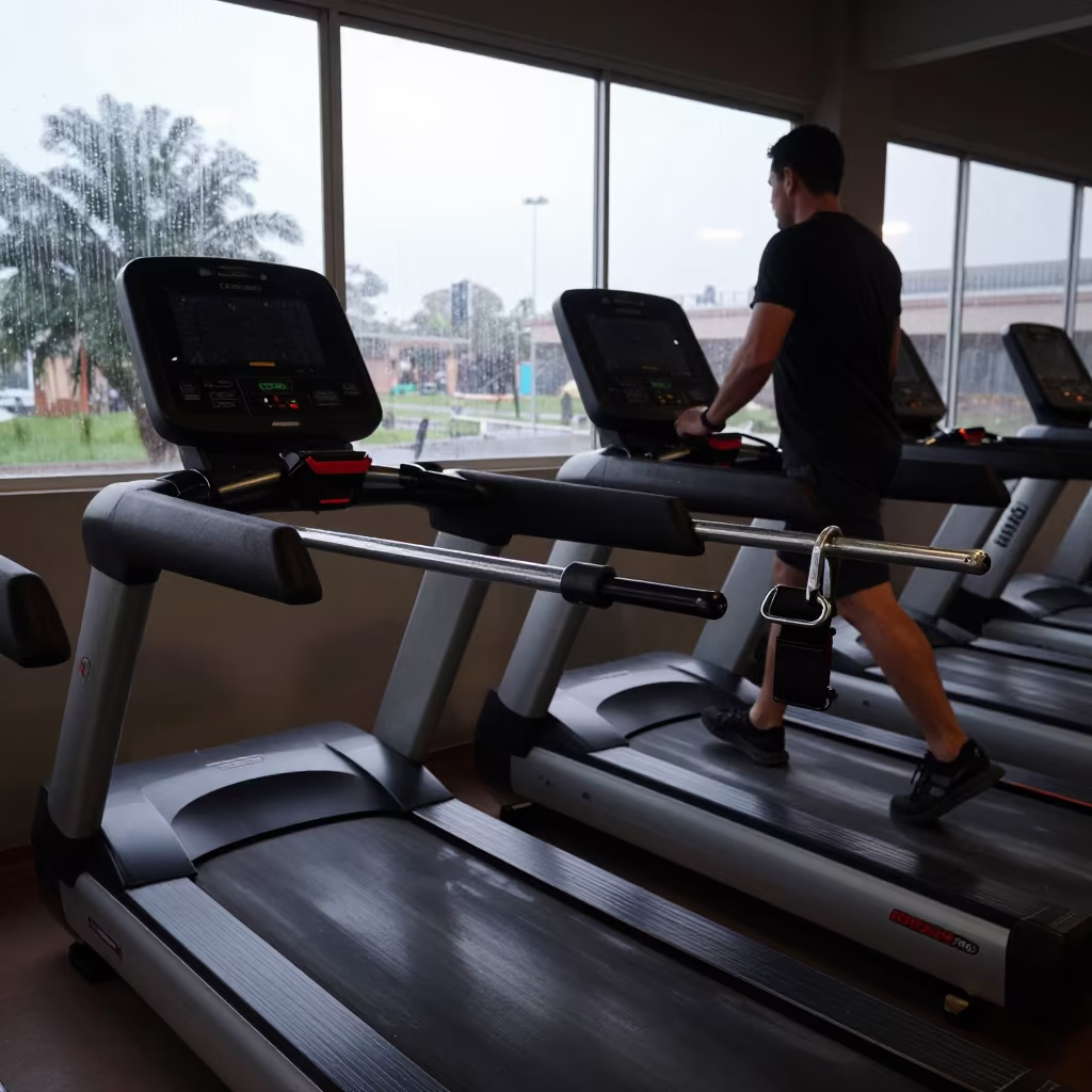 Gym Treadmill Safety Key Rail in Evening Light in along a row of machines in a bright gym in Barbacena
