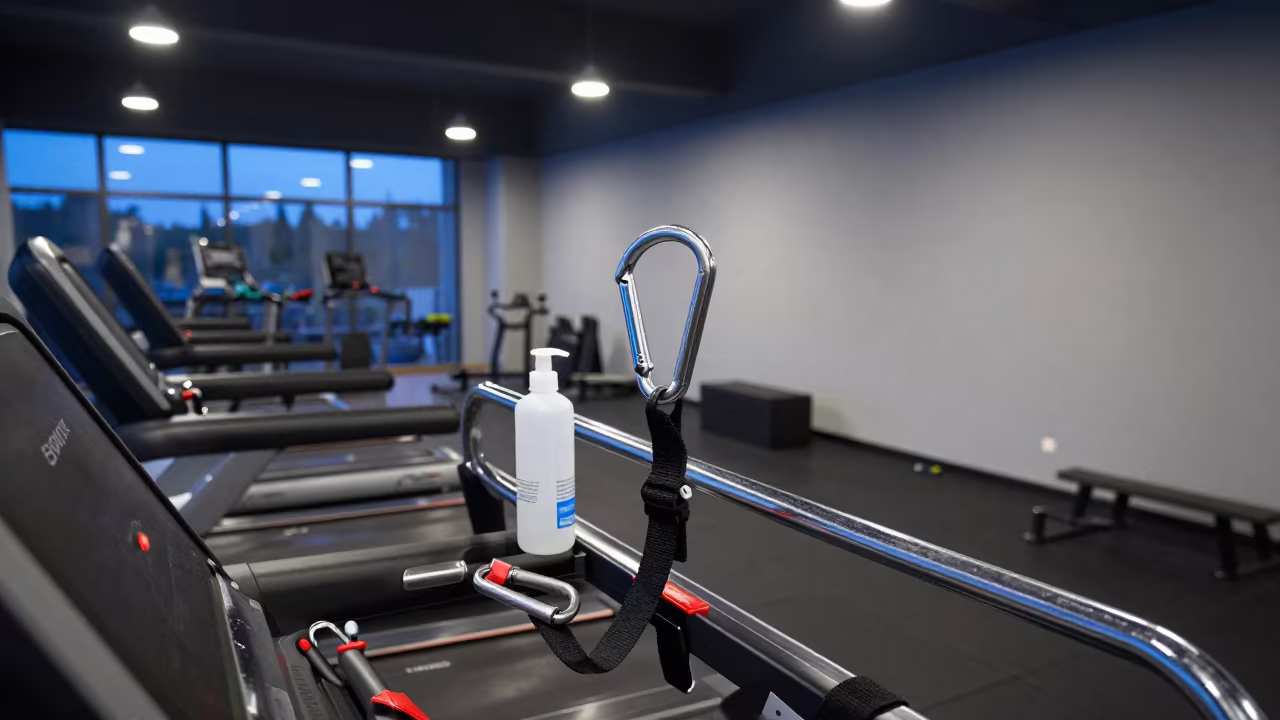 Gym Treadmill Safety Rail in Early Evening Light in inside a cardio floor facing tall windows in Lanzhou