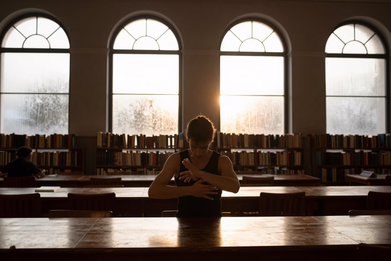 Gymnast Chalking Hands in Castro Library Sunset in in a library reading room in Castro, San Francisco