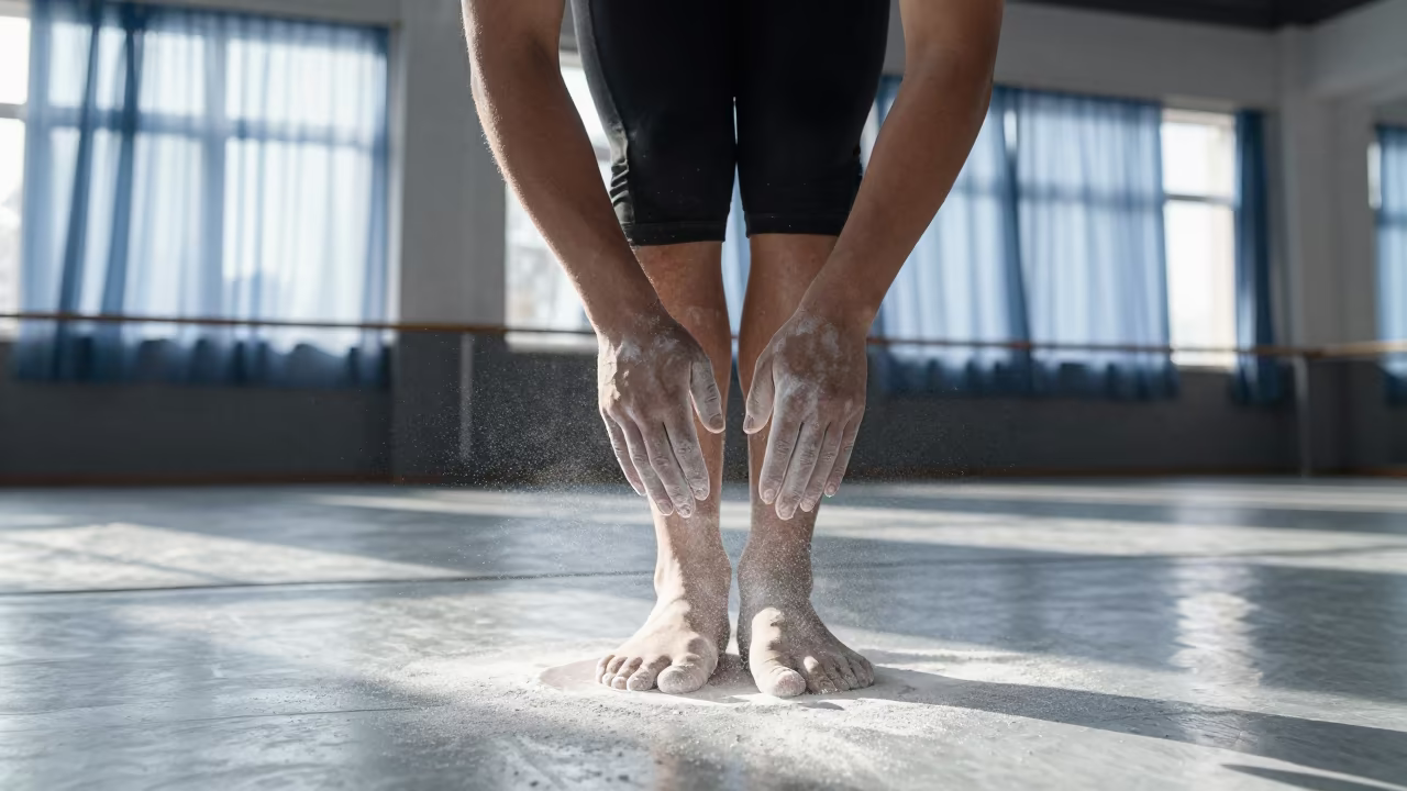 Gymnast Chalking Hands in Ranchi Rehearsal Room in in a rehearsal room in Ranchi
