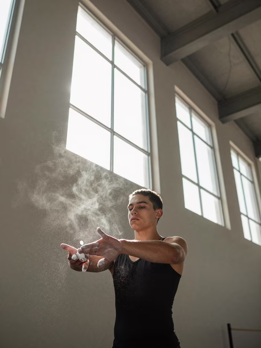 Gymnast Chalking Hands in San Jose Arena in in an atelier in San Jose Costa Rica