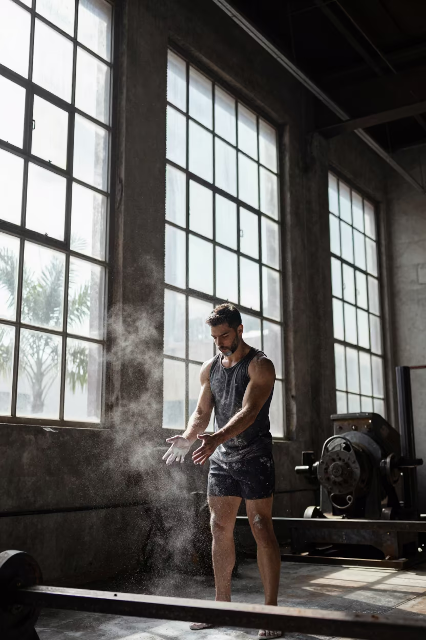 Gymnast Chalks Hands in Miami Foundry Light in in a foundry in Coconut Grove, Miami