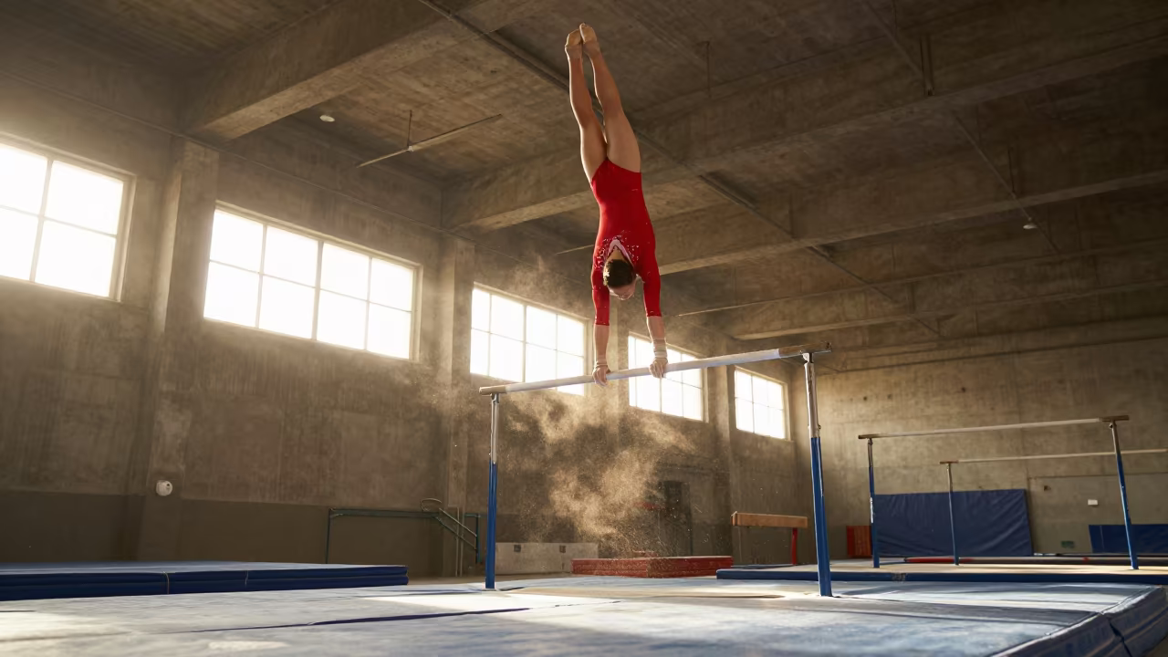 Gymnast Dismount Landing in Kuwait Warehouse in in a warehouse loft in Kuwait City