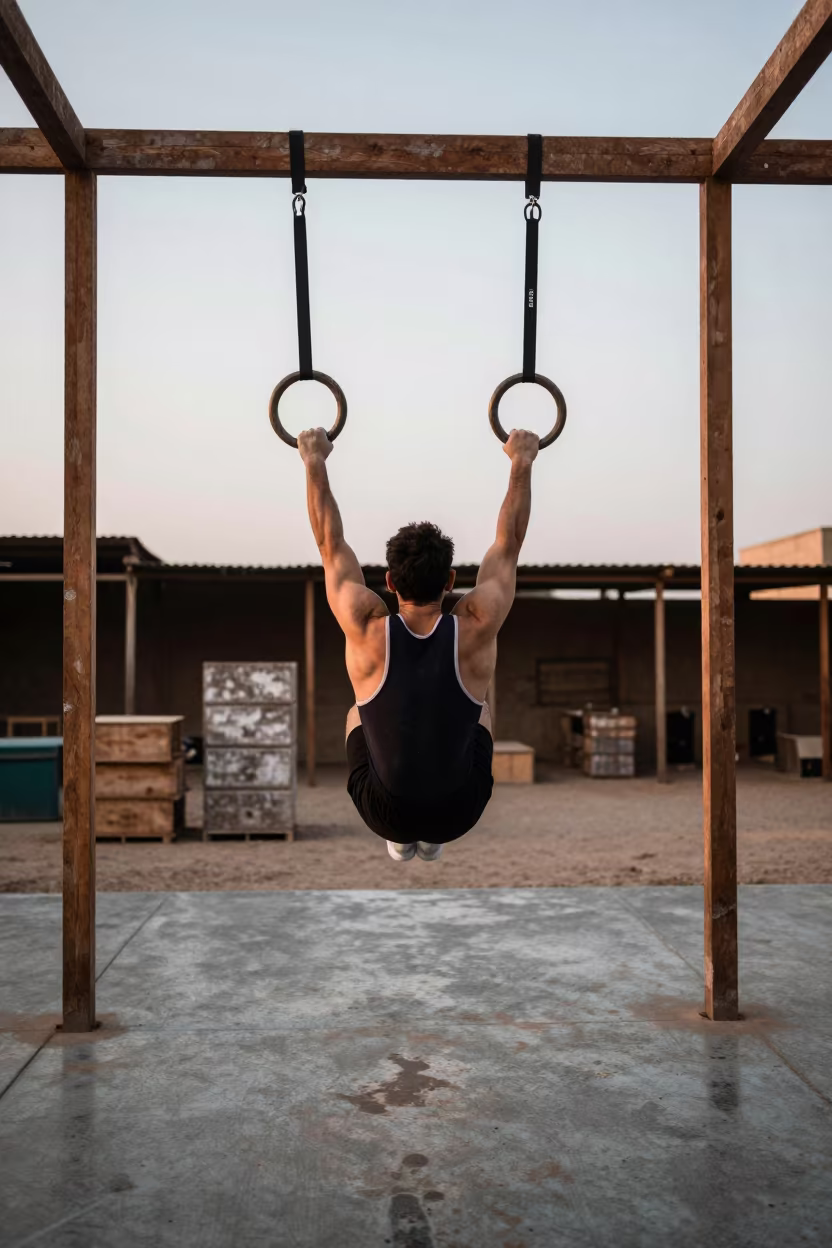 Gymnast Gripping Rings in Faisalabad Market Hall in in a market hall in Faisalabad