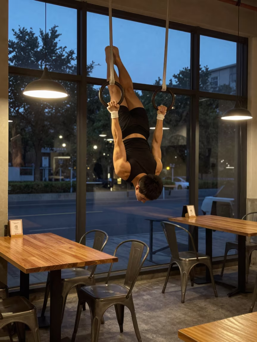Gymnast Iron Cross in Changsha Cafe Twilight in in a cafe in Changsha