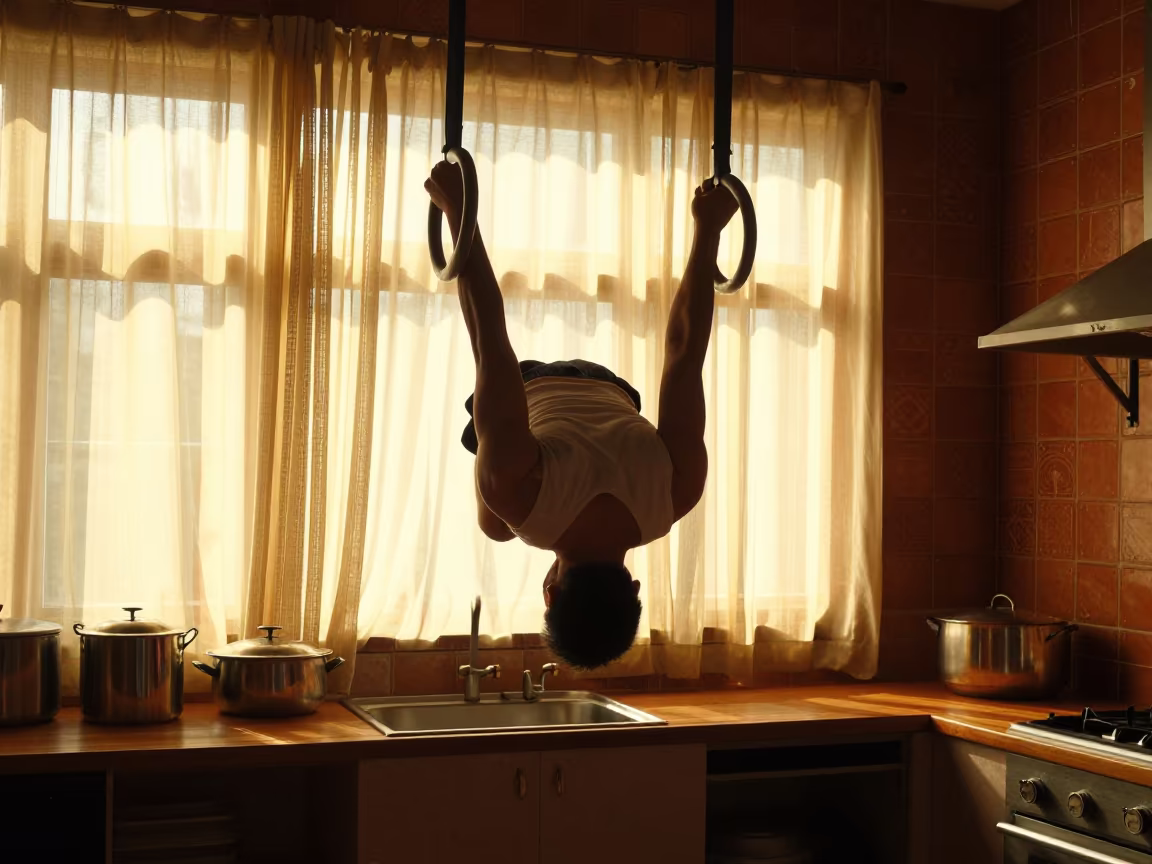 Gymnast Iron Cross in Jodhpur Kitchen Late Afternoon in in a kitchen in Jodhpur