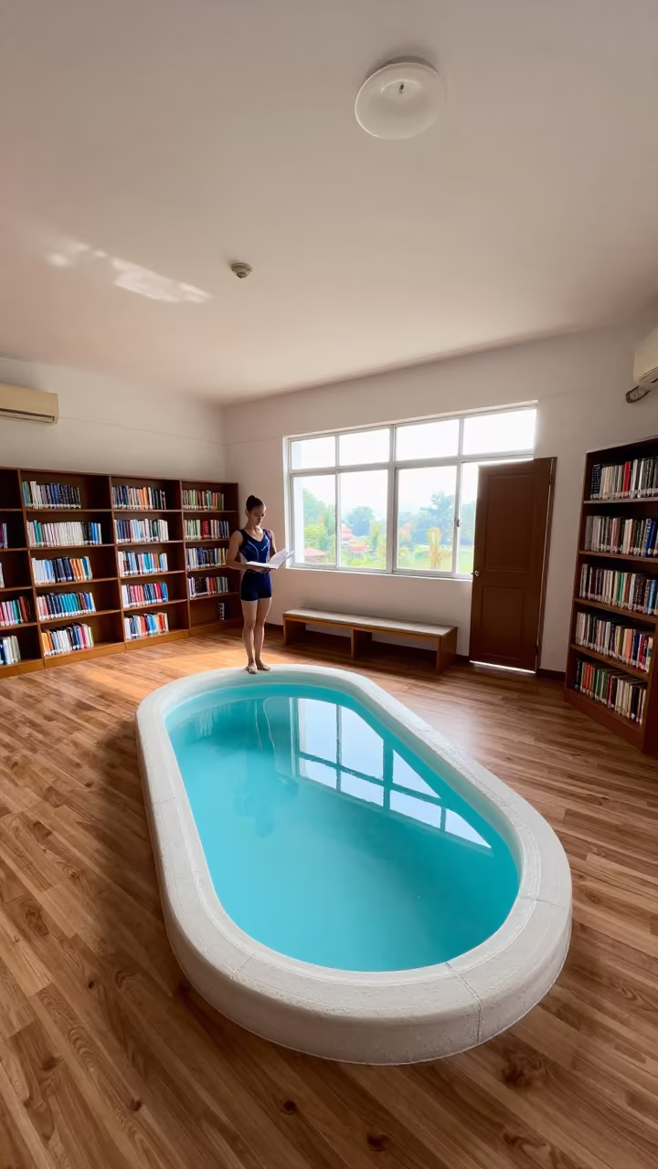 Gymnast Library Teacup Pool Surreal in in a library reading room in Veraval