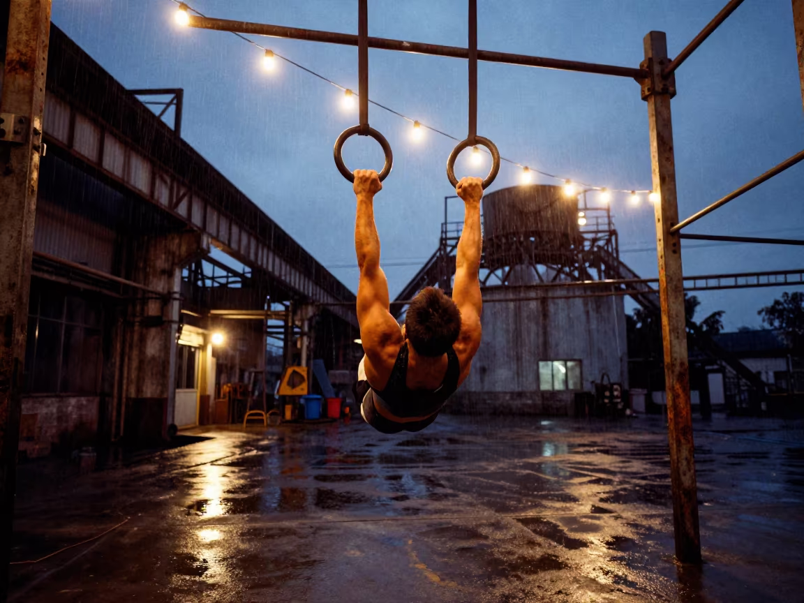 Gymnast on Rings in Nanning Foundry Blue Hour in in a foundry in Nanning