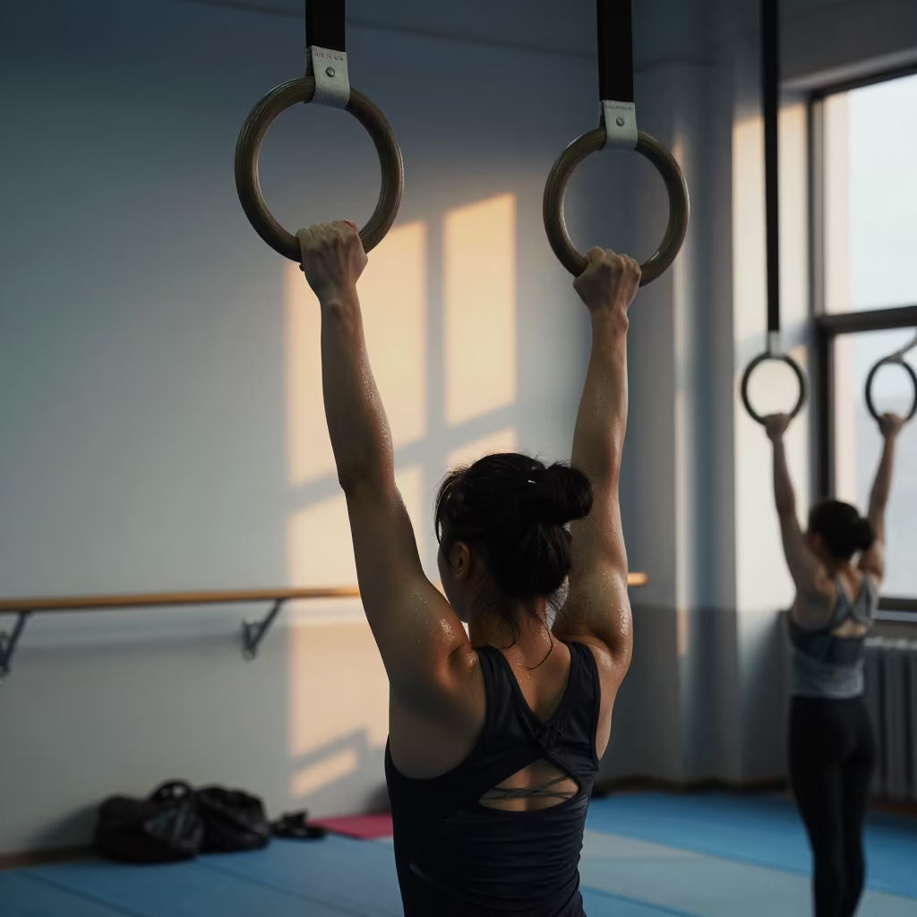 Gymnast on Rings in Shenzhen Rehearsal Room in in a rehearsal room in Shenzhen
