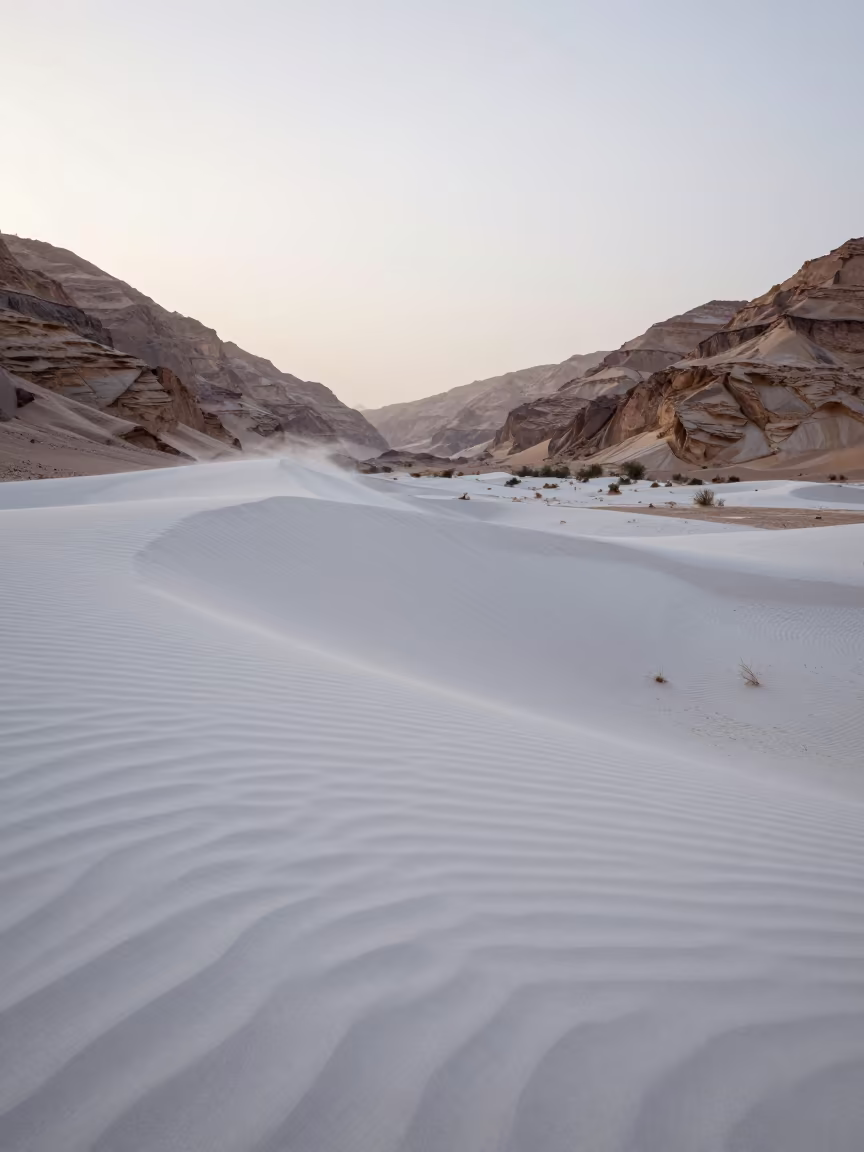 Gypsum Dunes at Dawn in Saudi Valley in across a wide valley floor in Saudi Arabia