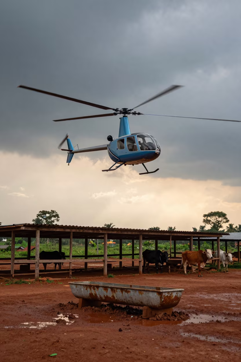 Gyrocopter over Laos cattle station wet season in near a windbreak and water trough in Laos