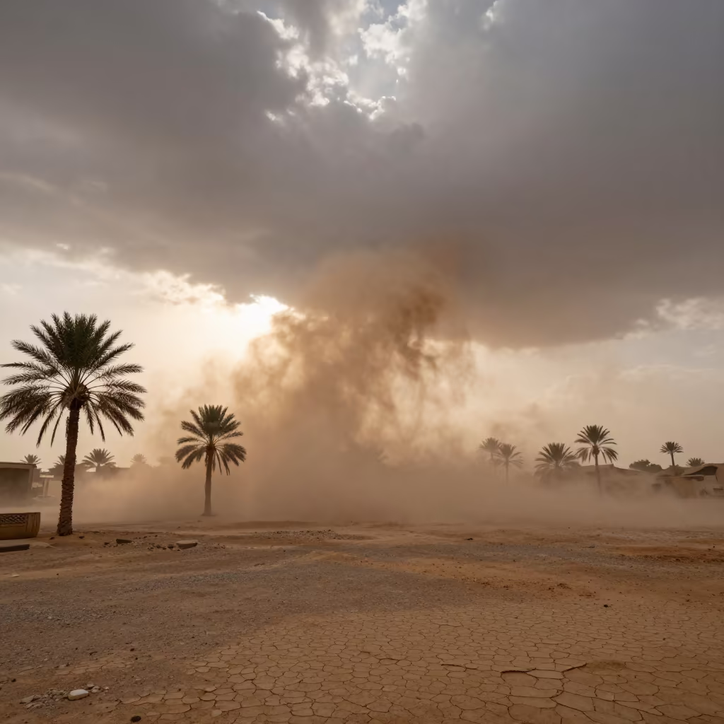 Haboob Storm Approaching Cairo Desert Oasis in across a storm-bright plain near Cairo