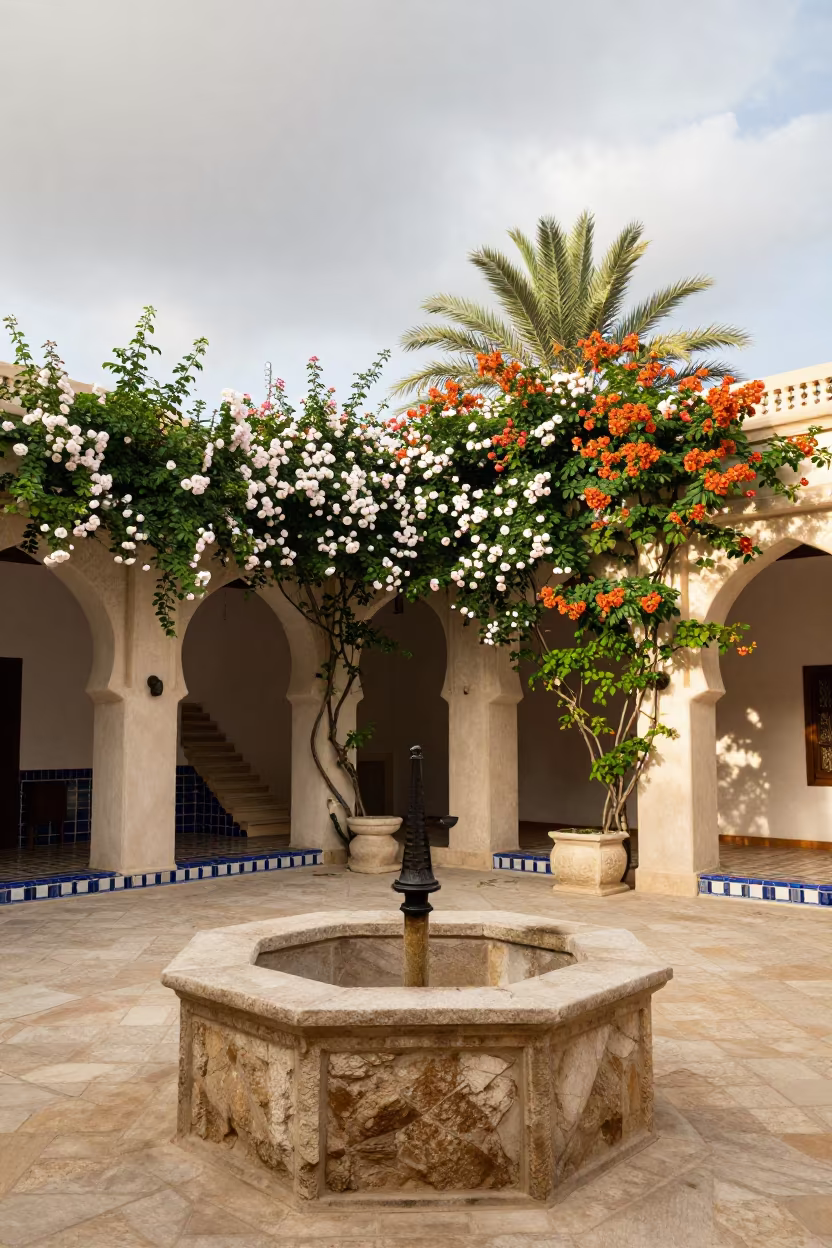 Hacienda Courtyard Stone Well Roses Ajman Hall in inside a tiled stair hall in Ajman