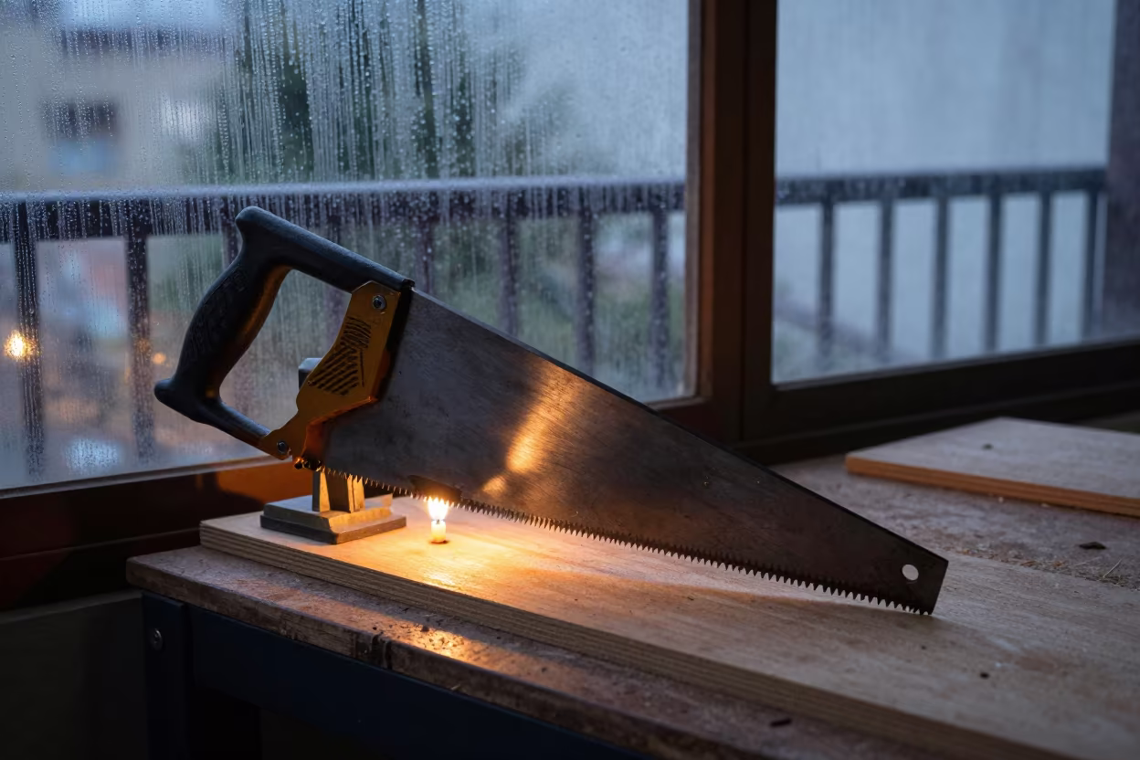 Hacksaw on Woodshop Bench in Candlelight in on a pier railing in Roma, Mexico City
