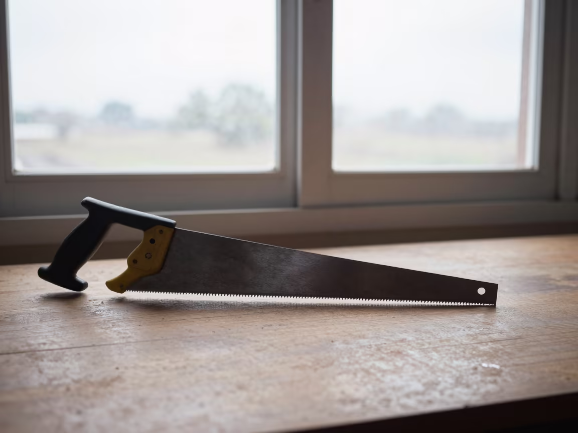Hacksaw on Woodshop Bench Midday Light in on a cafe table by a window in Acarigua