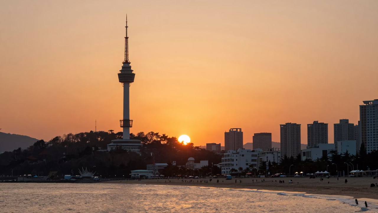 Haeundae Beach And Tower in Busan at Sunset Light in in Busan, South Korea