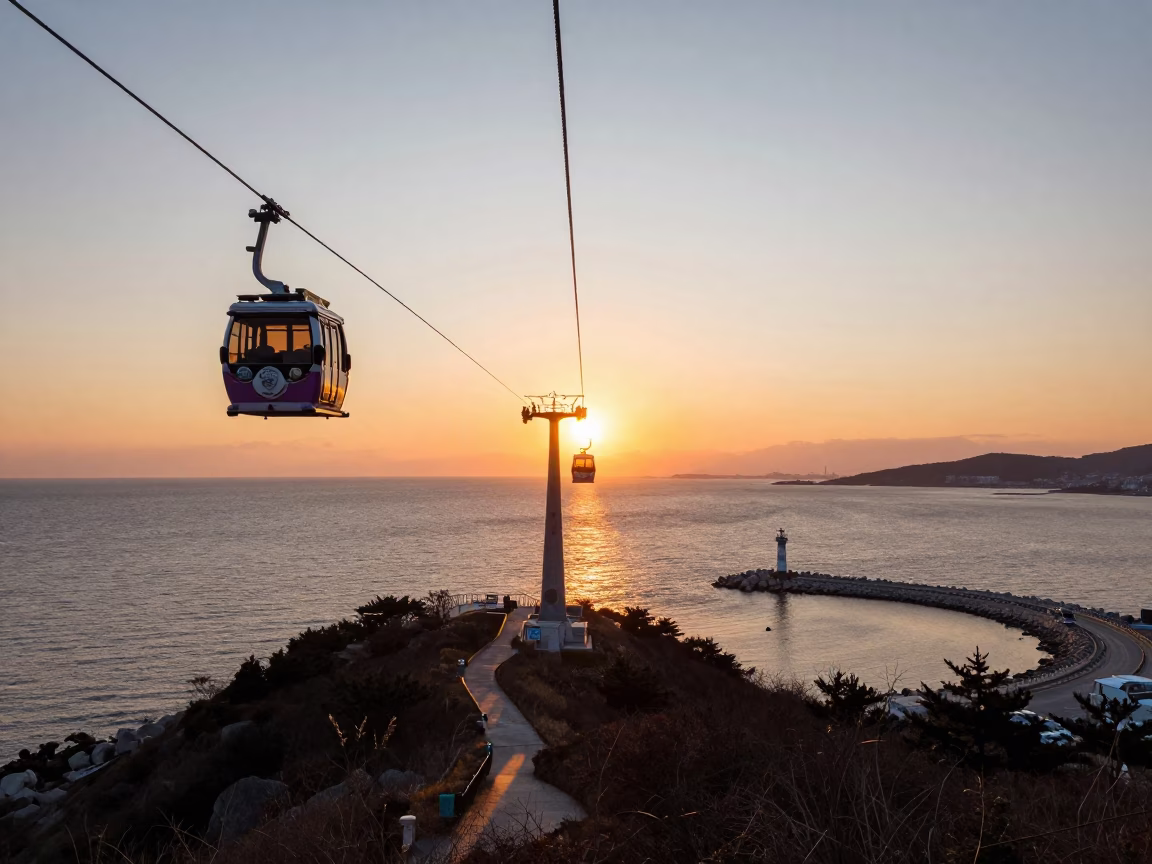 Haeundae Beach Sunset View with Cable Car and Breakwater in Busan South Korea in in Busan, South Korea