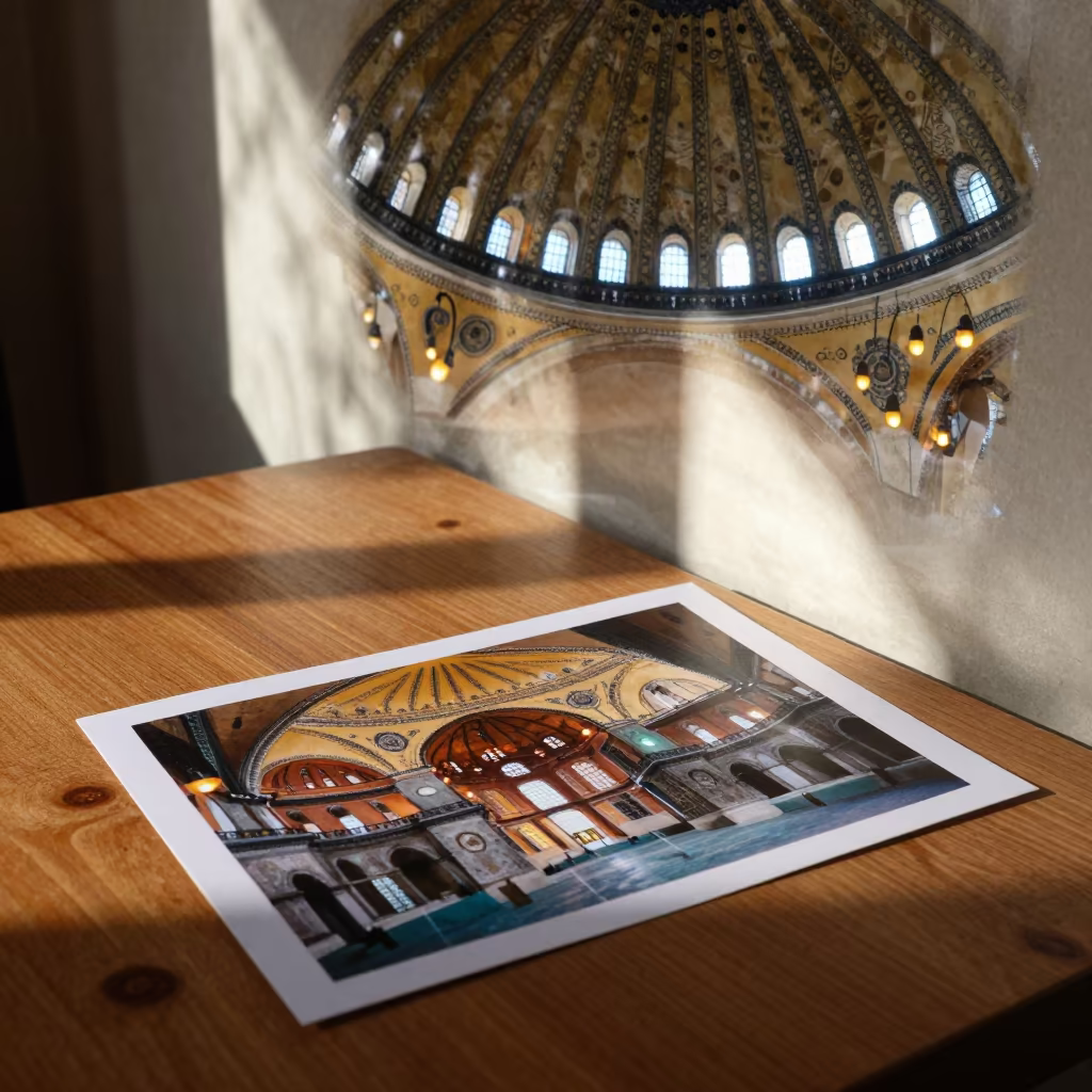 Hagia Sophia Dome Print on Cafe Table in on a cafe table by a window in Victoria Seychelles