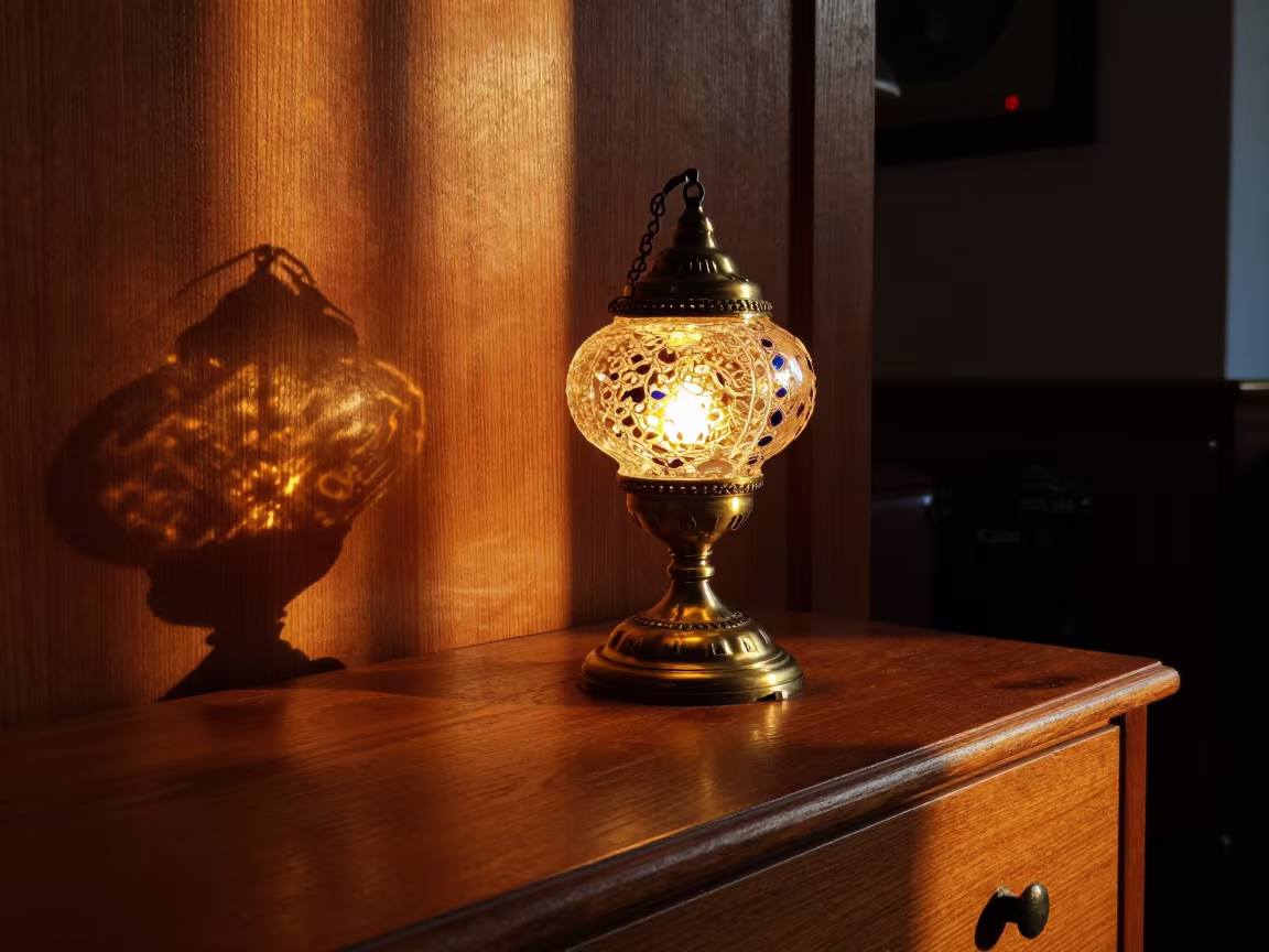 Hagia Sophia Lamp on Dresser at Golden Hour in on a hotel dresser near Karakoy, Istanbul