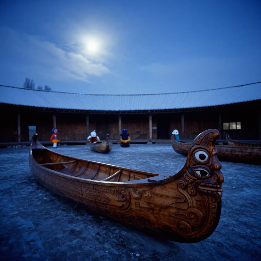 Haida Canoe Carved Prow Under Winter Moonlight in in a ceremonial hall near Silopi