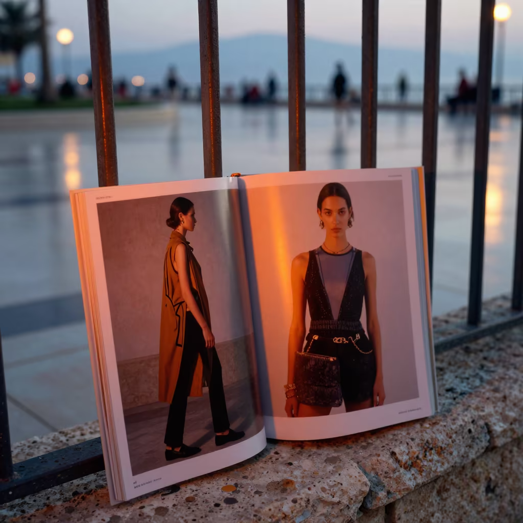 Haifa Twilight Fashion Lookbook by Harbor Fence in across a reflective public plaza near Haifa