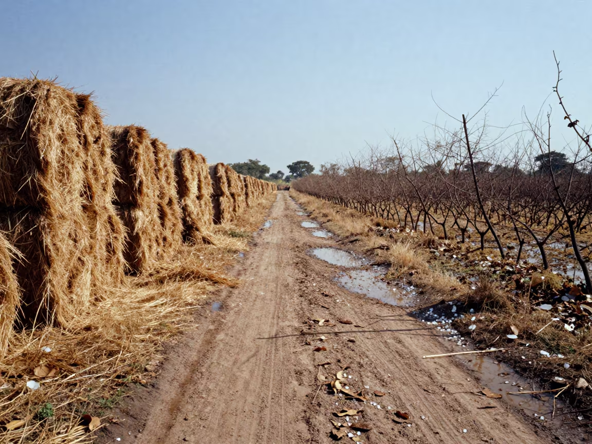 Hail Damaged Hop Lane Puddles Gujarat in beside stacked hay bales in Gujarat
