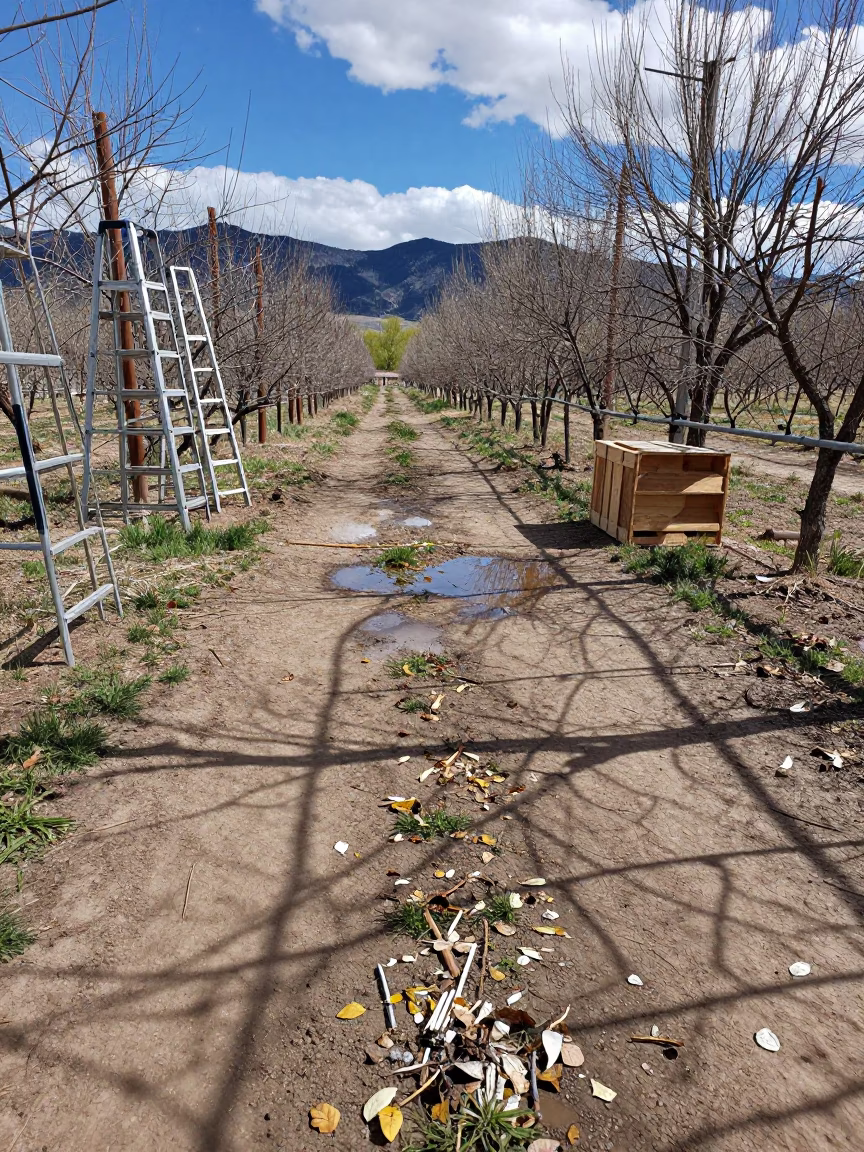 Hail Damaged Hop Lane Puddles New Mexico in among orchard ladders and crates in New Mexico