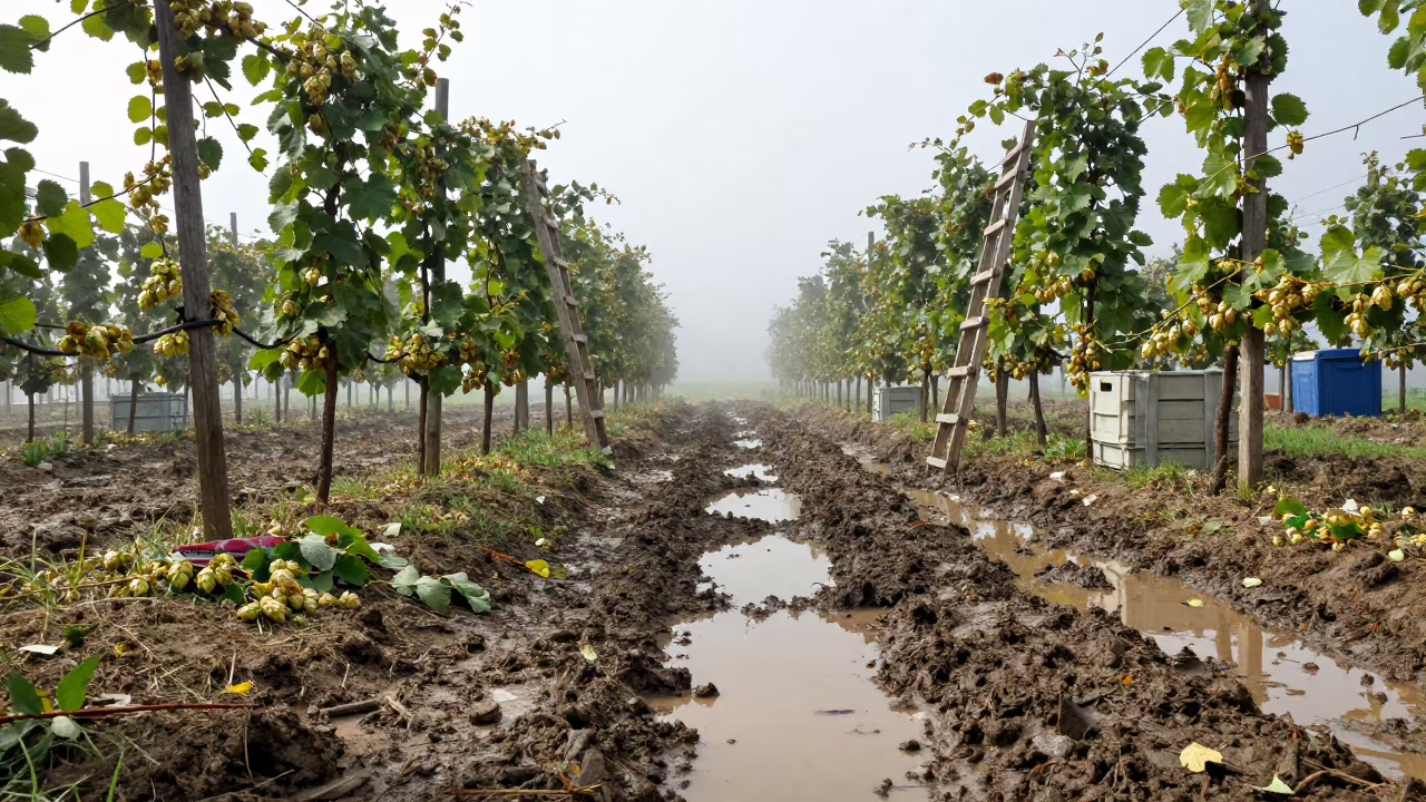 Hail Damaged Hop Lane Puddles Snapped Leaves in among orchard ladders and crates in Trieste