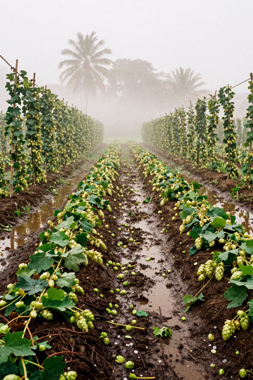 Hail Damaged Hop Puddles Pétion-Ville Field in along freshly irrigated rows in Pétion-Ville