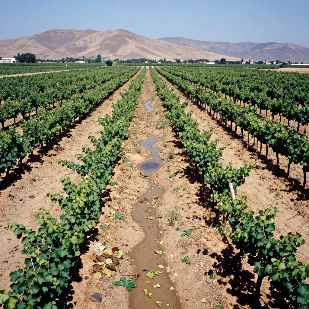 Hail Damaged Hops and Puddles in Libyan Vineyard in between vineyard trellises in Libya