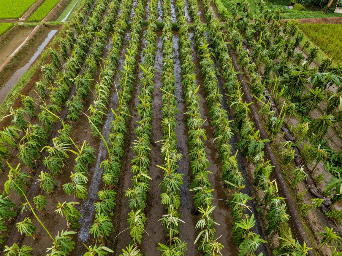 Hail Damaged Hops Among Suriname Rice Terraces in among terraced rice paddies in Suriname