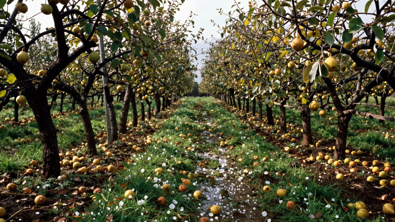 Hail Damaged Pears on Grass in Yunnan Orchard in between vineyard trellises in Yunnan