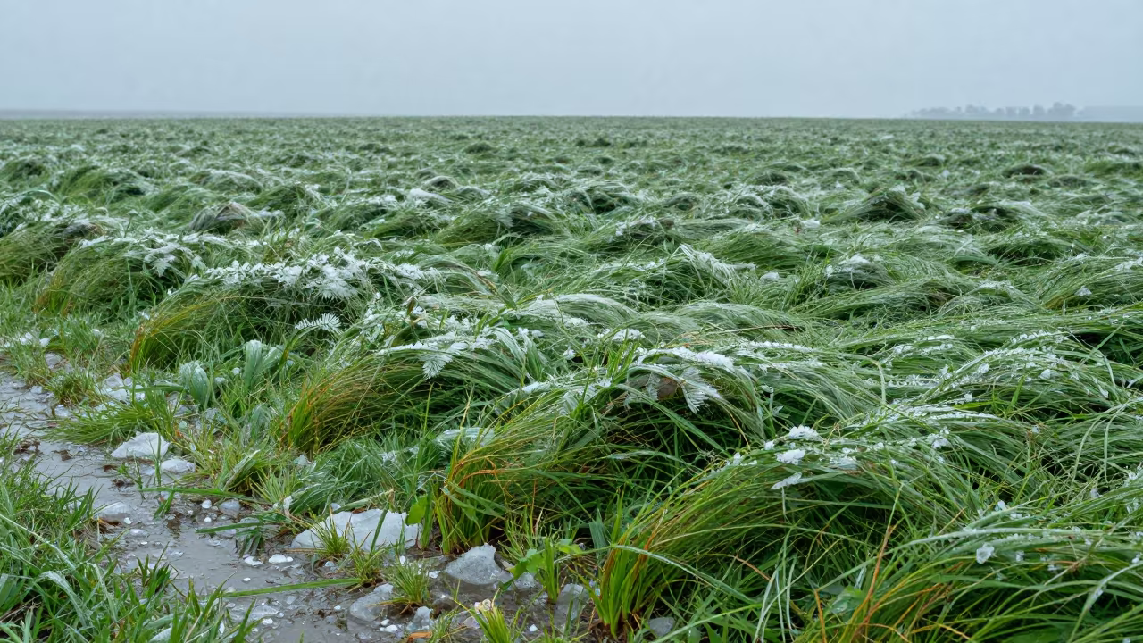 Hail on Green Pisco Plain After Storm in across a storm-bright plain near Pisco