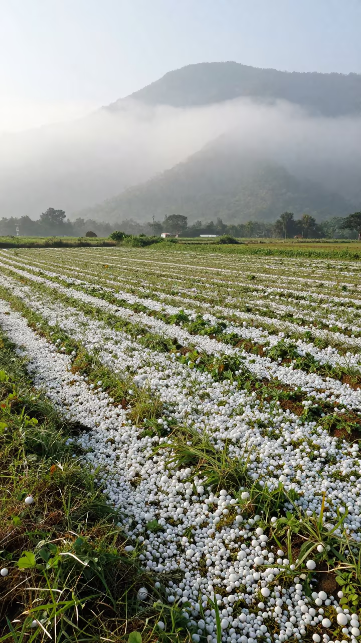 Hail Pocked Field in Tamil Nadu Mist in through low marine fog in Tamil Nadu