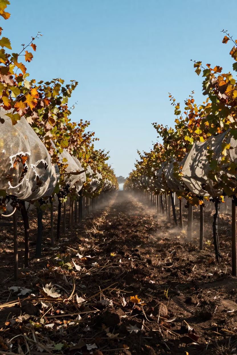 Hail Scouring Autumn Vineyard Row in beside a tractor track through dark soil in Australia