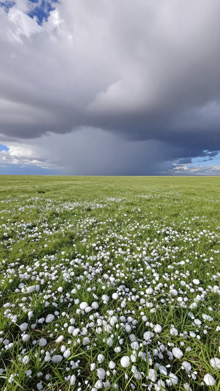 Hail Storm Over Green Field Near Windhoek in beneath fast-moving cloud bands near Windhoek