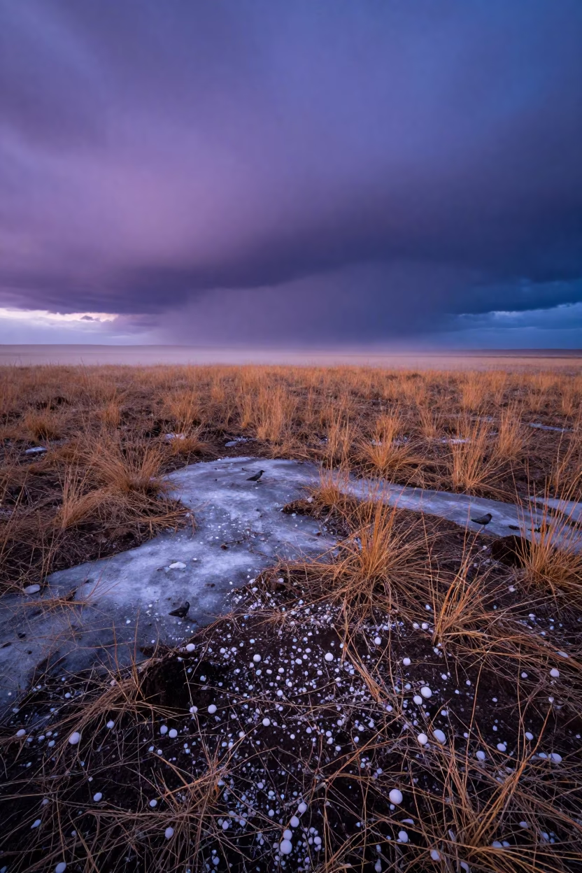 Hailstone Field Twilight Rim Light After Storm in over a horizon of stacked thunderheads near Coronel