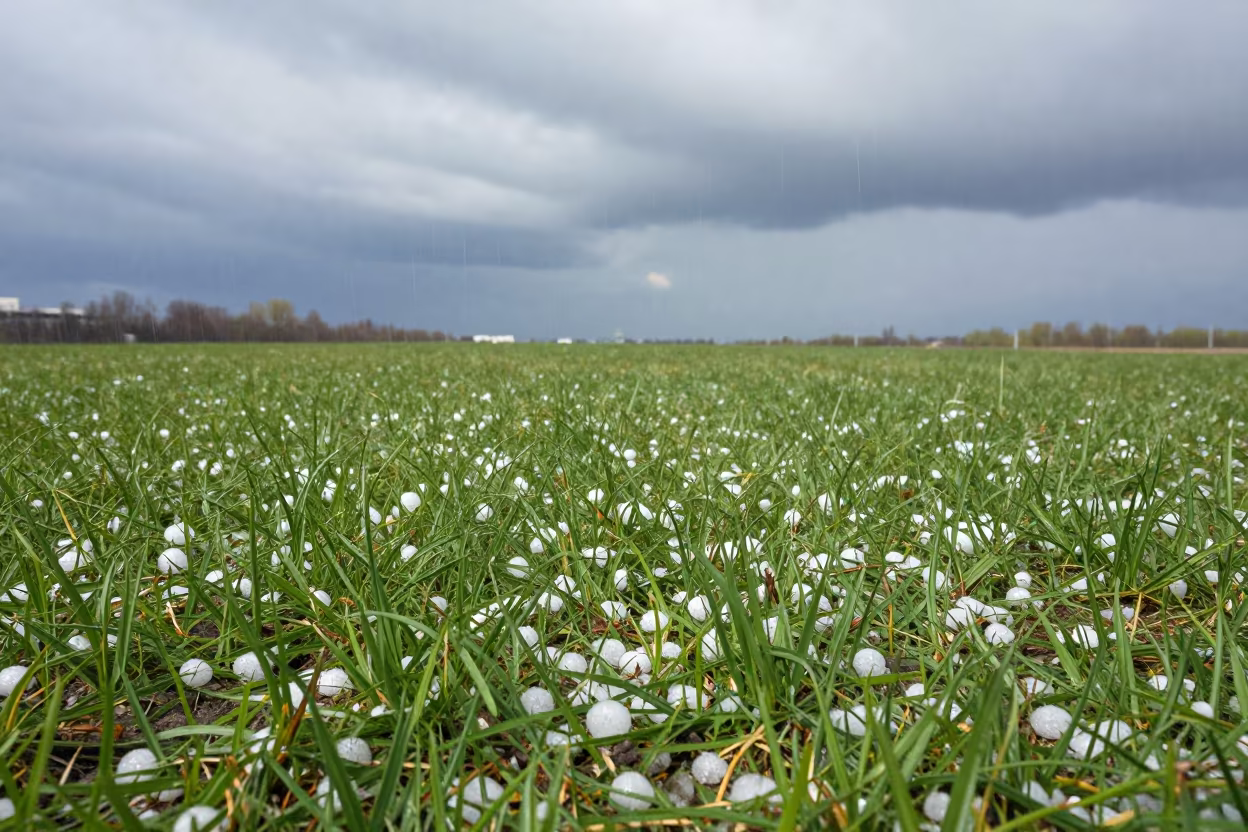 Hailstones on Green Grass Under Clouds Near Kyiv in beneath fast-moving cloud bands near Kyiv