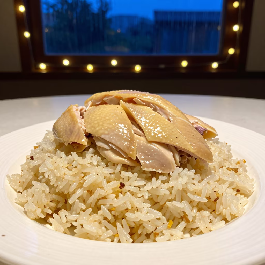 Hainanese Chicken Rice in Indigo Twilight in on a linen-covered restaurant table in Yavatmal