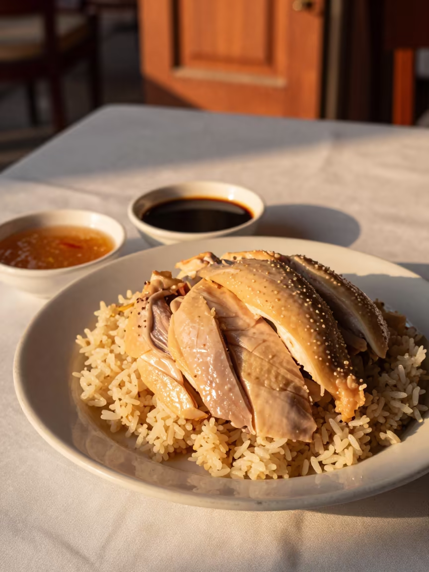Hainanese Chicken Rice in Karakoy Sunset Light in on a linen-covered restaurant table in Karakoy, Istanbul