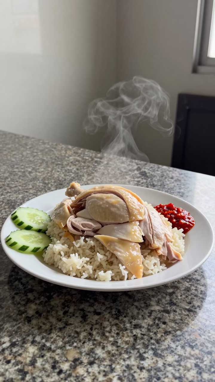 Hainanese Chicken Rice on Taichung Kitchen Counter in on a kitchen worktop in Taichung