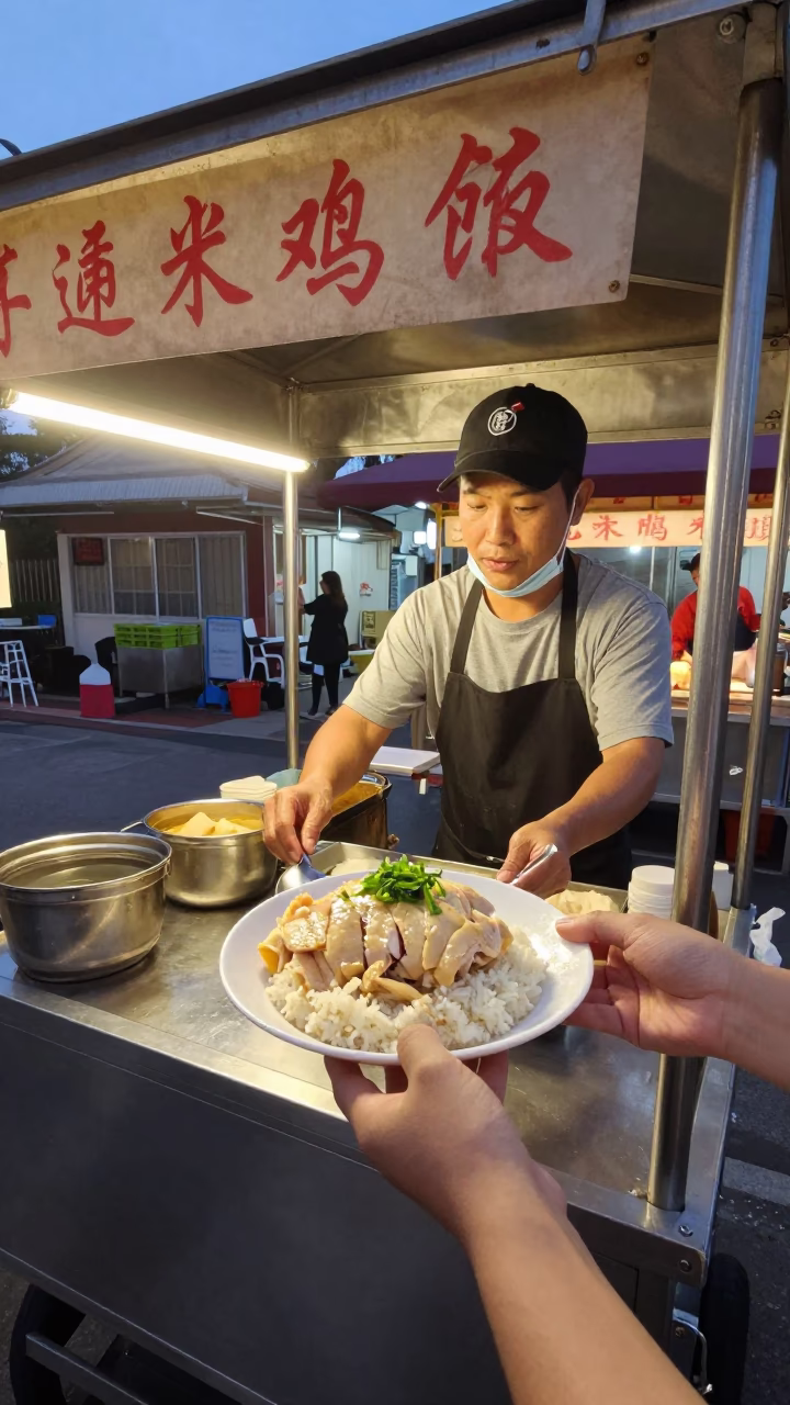 Hainanese Chicken Rice Vendor in Tainan Evening Street Food Scene in in Tainan, Taiwan