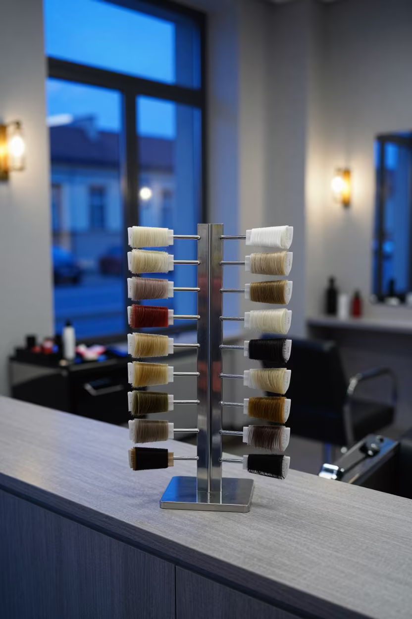 Hair Extension Color Rack in Vilnius Salon Twilight in at a salon reception counter near Vilnius