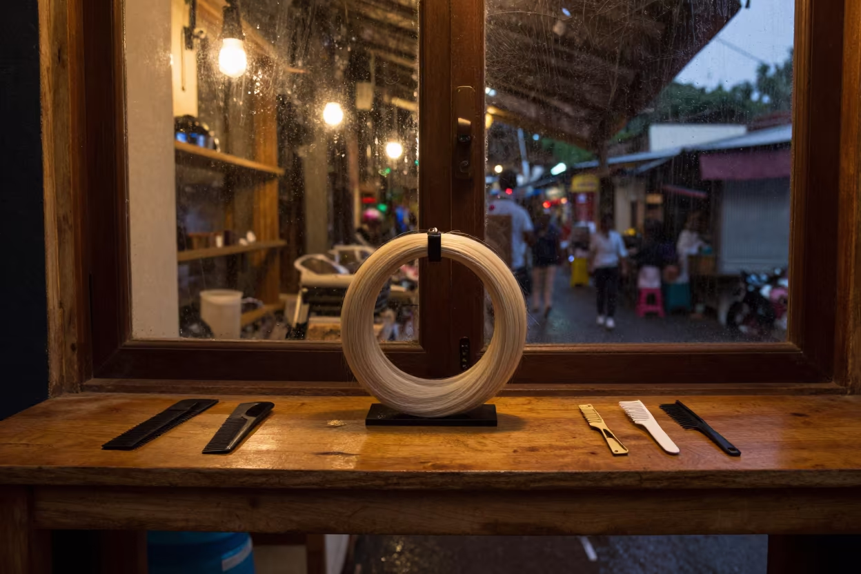 Hair Extension Color Ring on Bazaar Counter in at a jewelry counter inside a covered bazaar near Mombasa