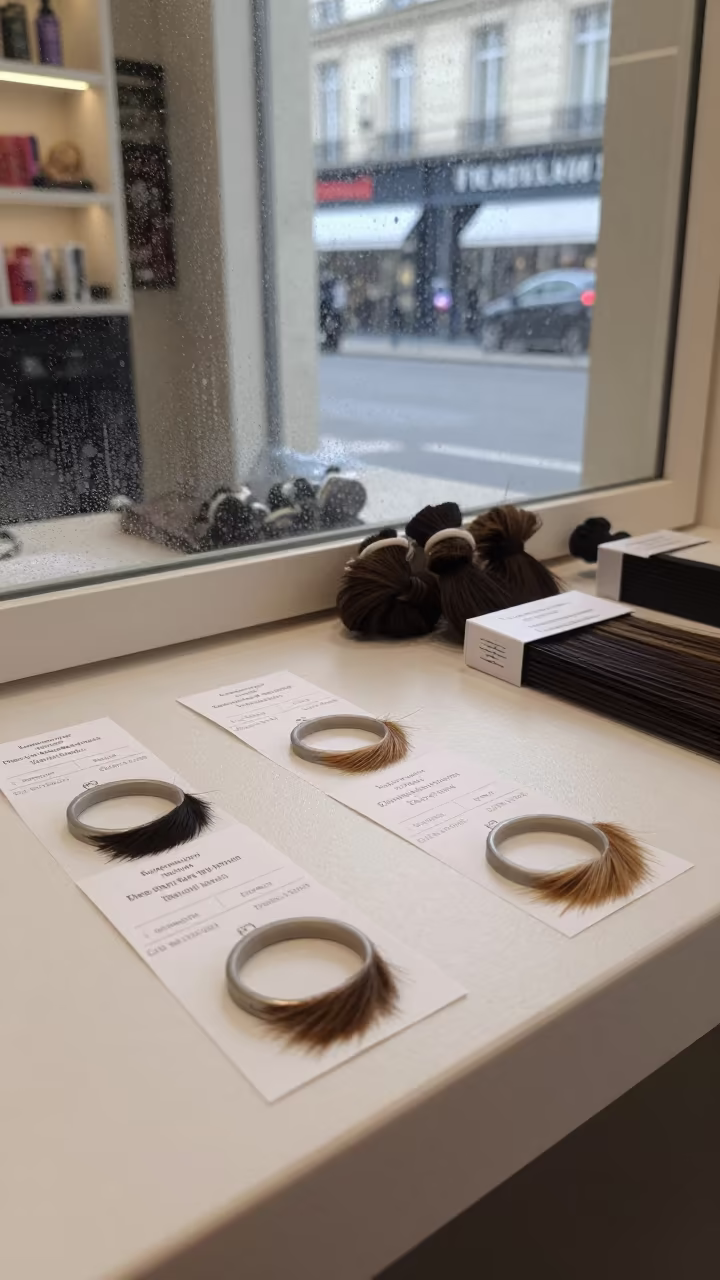 Hair Extension Swatches and Tickets in Paris Room in inside a skincare treatment room near Paris