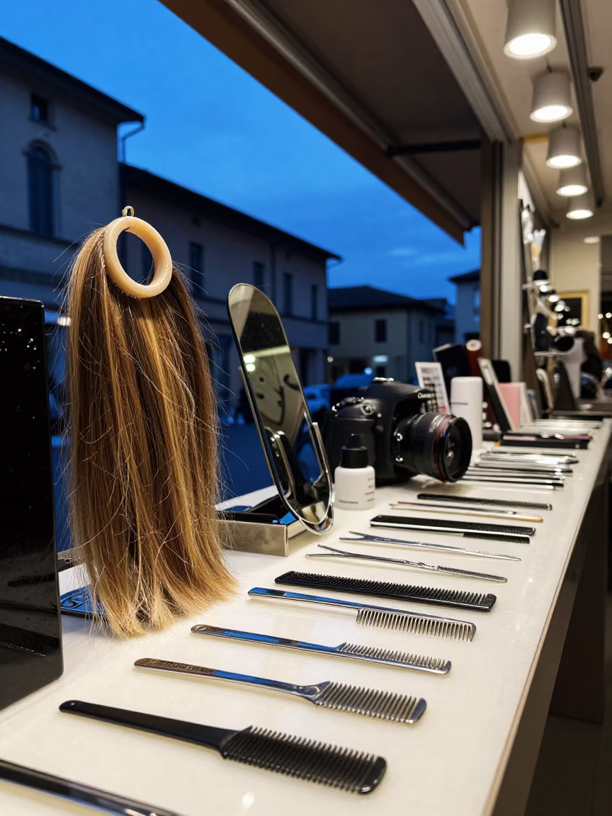 Hair Extensions and Combs at Brescia Bazaar in at a jewelry counter inside a covered bazaar in Brescia