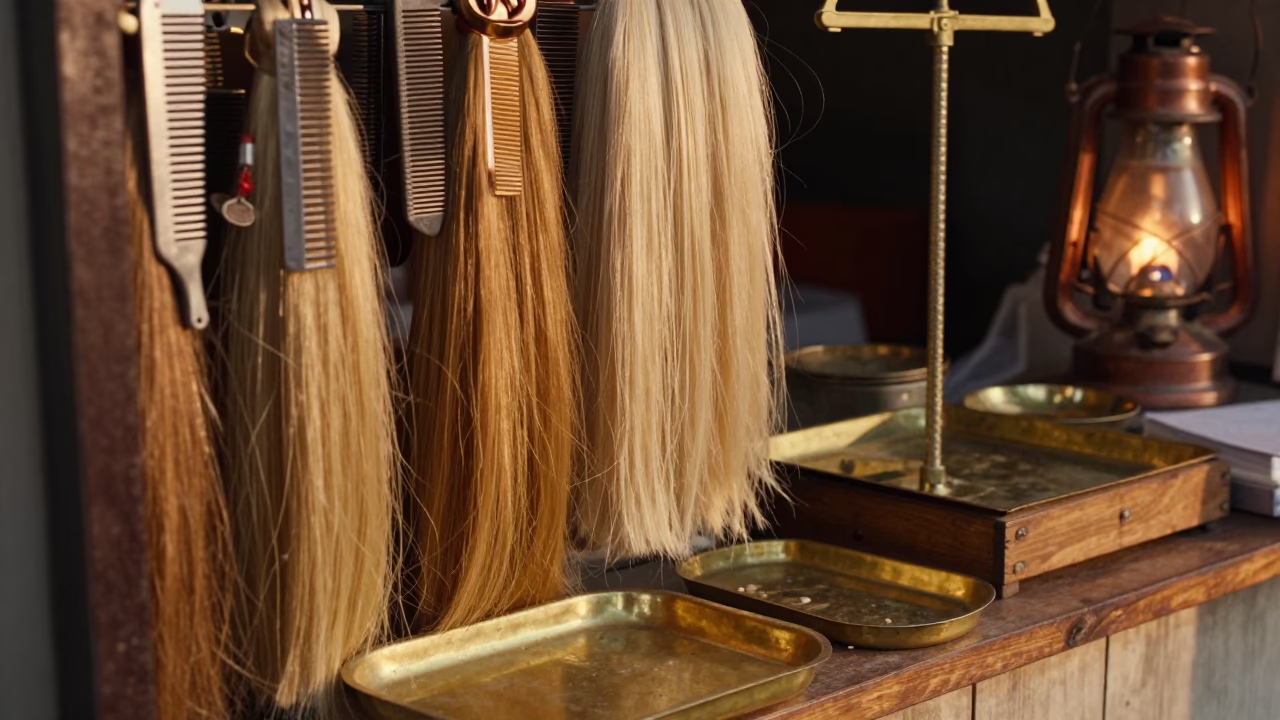 Hair Extensions and Combs in Mandalay Stall in inside a jeweler's stall with brass scales and trays near Mandalay