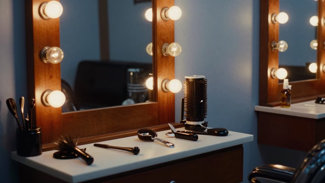 Hair Foil Cart Blue Hour Luxor in at a barber station beneath mirror bulbs in East Bank, Luxor